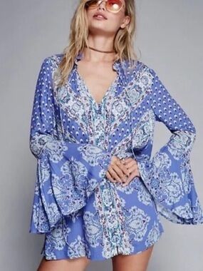 Free People Periwinkle Blue Paisley Bell-Sleeve Tunic